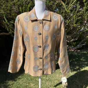 Ranch Dressing Womens Tan Turquoise Medallion Western Blazer Jacket Large‎ NWT